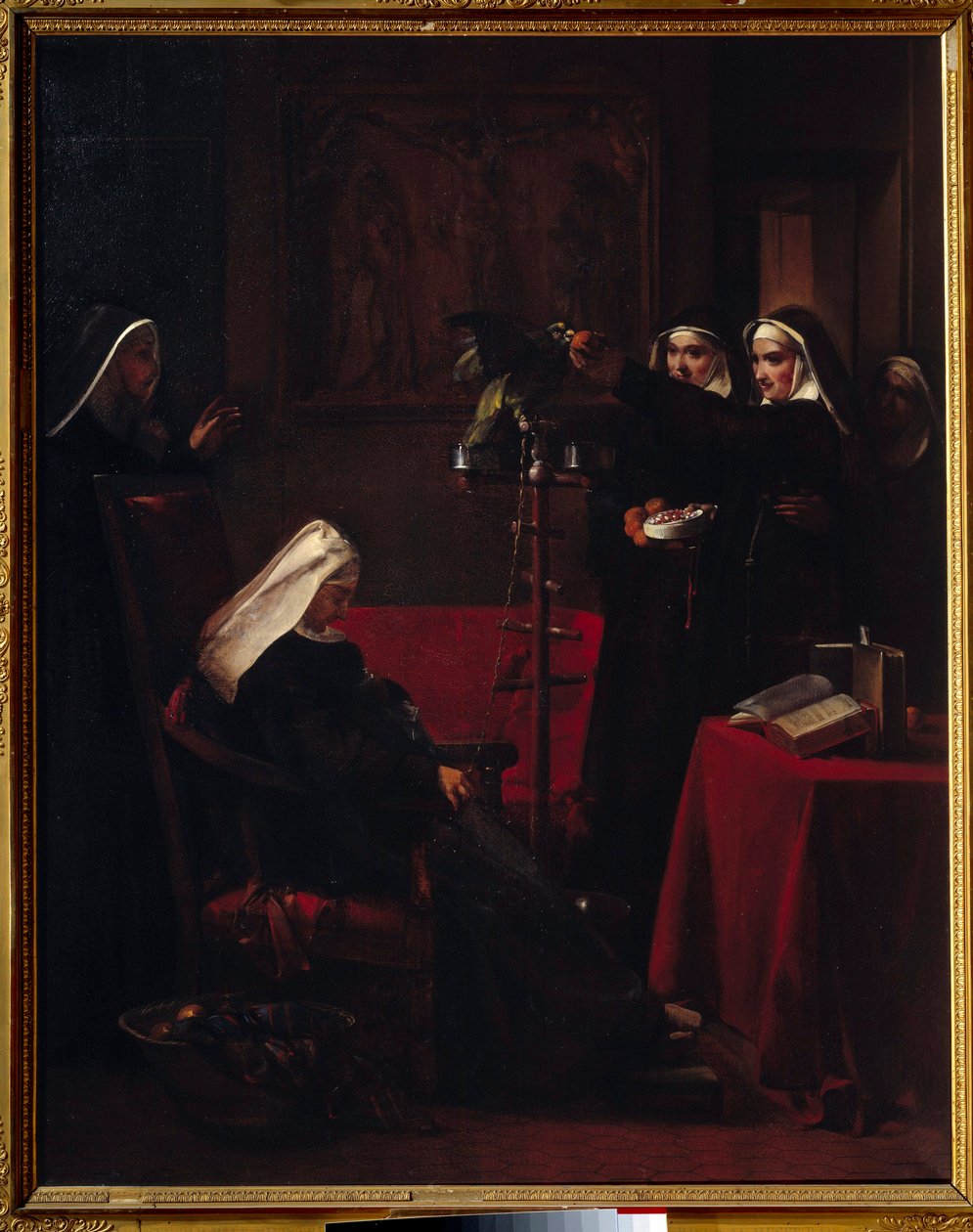 Suore verdi che danno da mangiare al pappagallo di una suora addormentata. Dipinto di François Marius Granet (1775-1849) da Francois Marius Granet