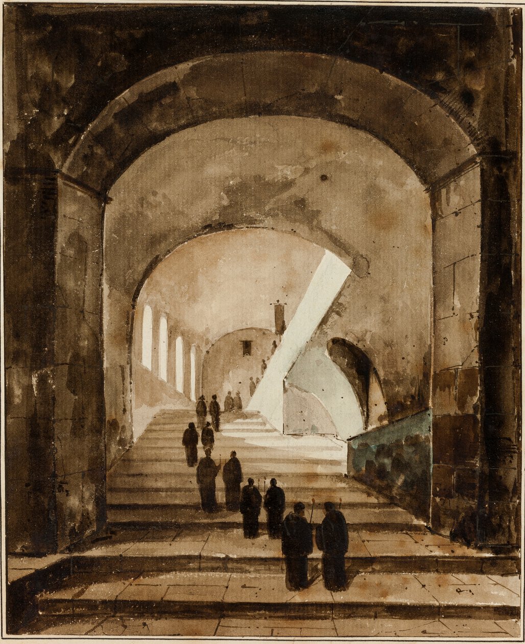 Monaci sulla scala della Villa di Mecenate a Tivoli da Francois-Marius Granet