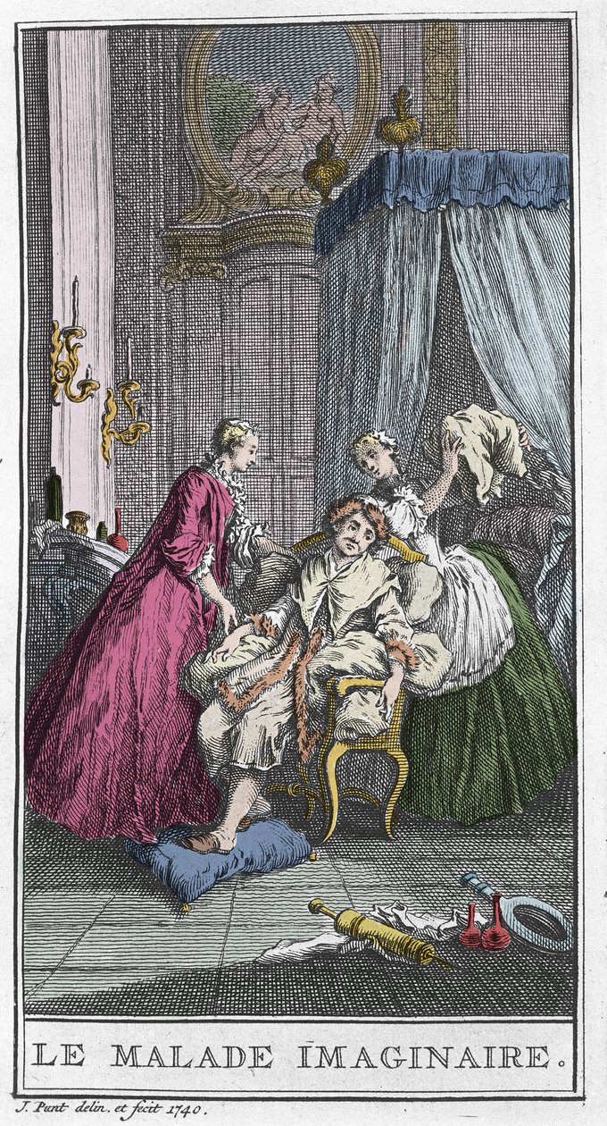 Il malato immaginario. Opera teatrale di Jean Baptiste Poquelin detto Moliere (1622-1673). Incisione in "Le malade imaginaire" di T. de Mare d