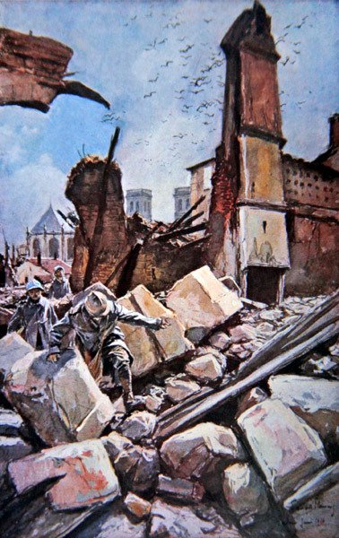 Battaglia di Verdun: Truppe francesi si muovono tra i bastioni in rovina da Francois (after) Flameng