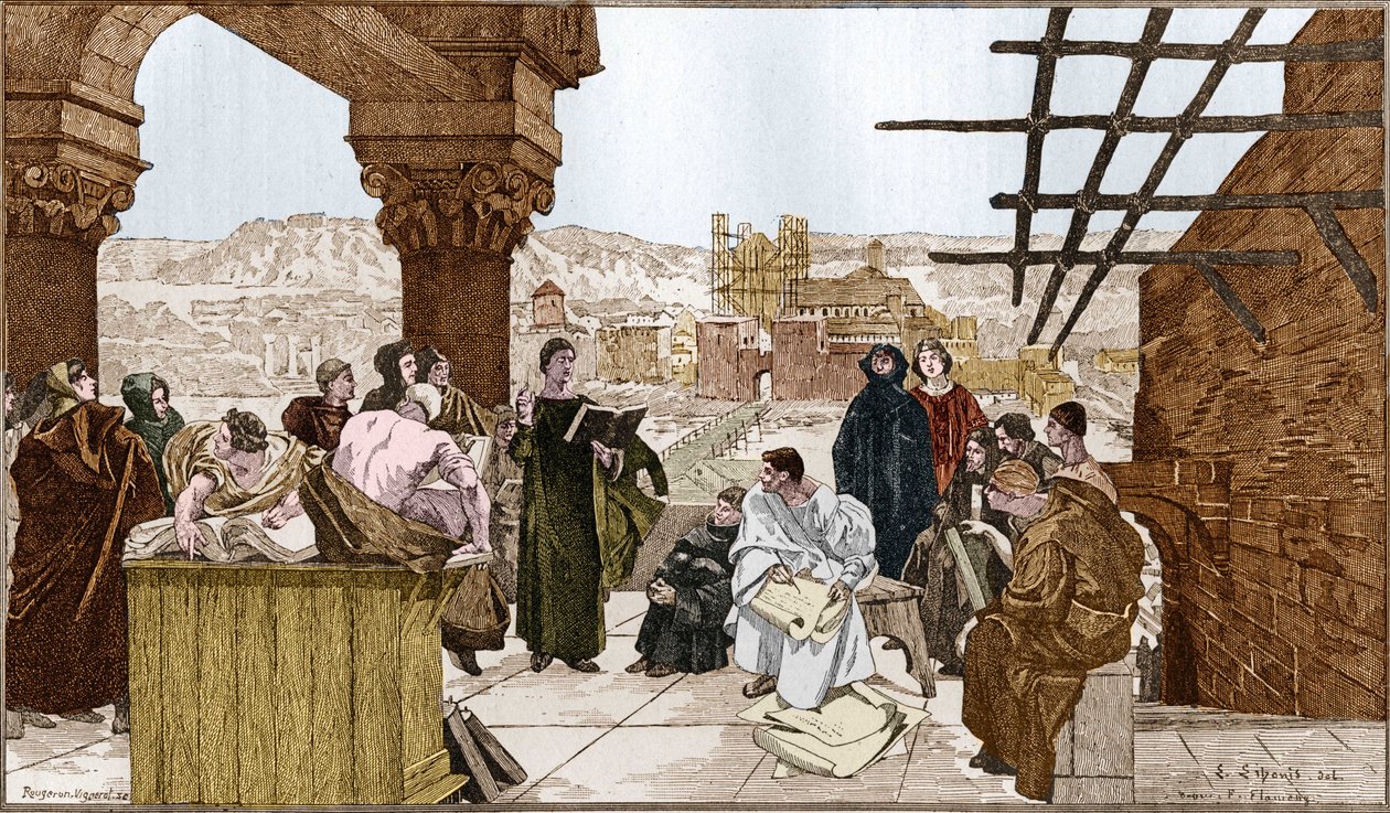 Pierre Abelard o Abailard (1079-1142), filosofo e teologo francese e la sua scuola sul monte Sainte Geneviève. Dal affresco di François Flameng da Francois (after) Flameng