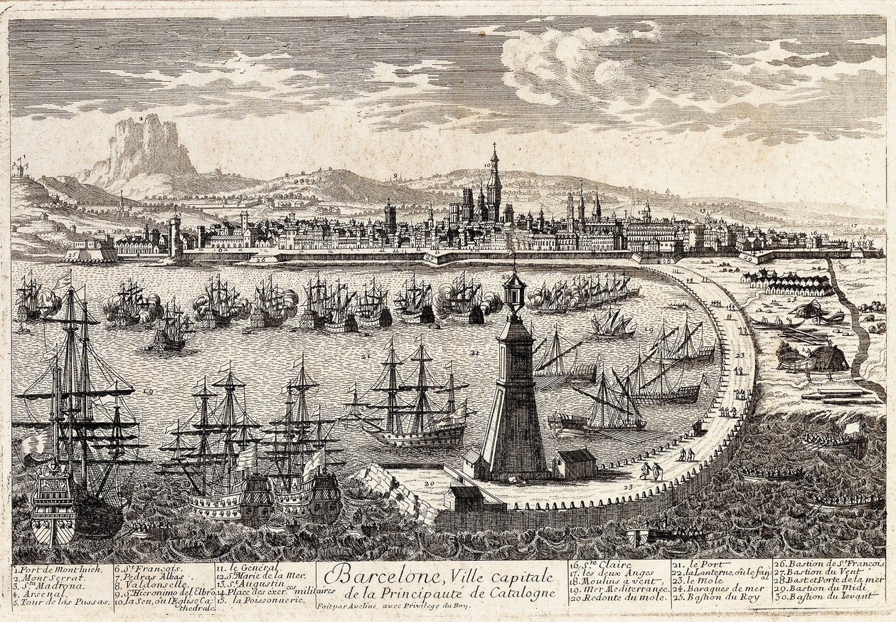 Vista della città e del porto di Barcellona nel XVIII secolo. Incisione di Francois Antoine Aveline. Barcellona, Museu d