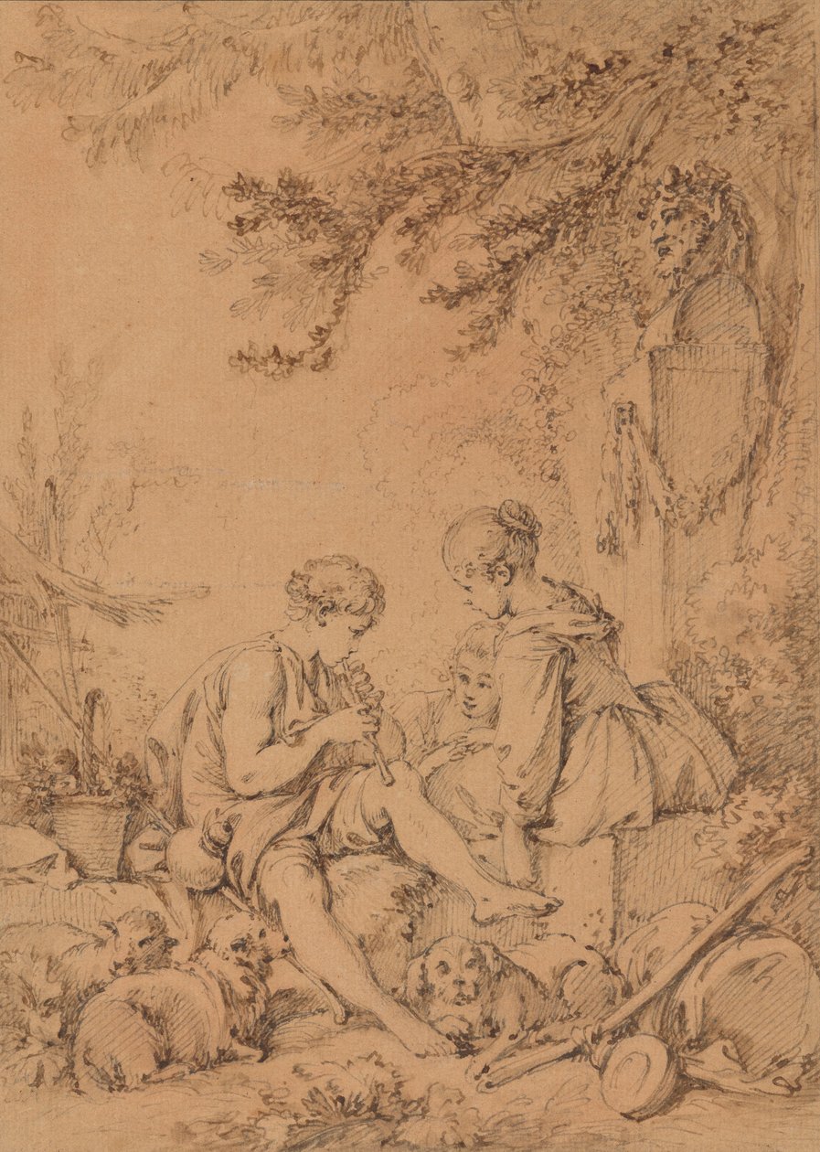 Un giovane pastore che suona il flauto per due giovani pastorelle da François Boucher