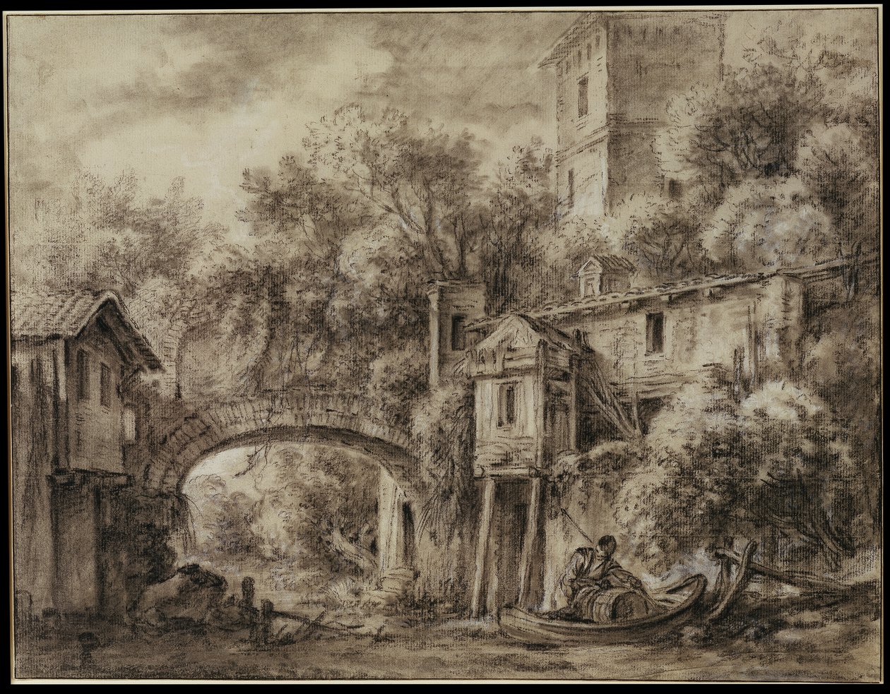 Capriccio architettonico con il mulino di Quiquengrogne, nei pressi di Charenton da François Boucher