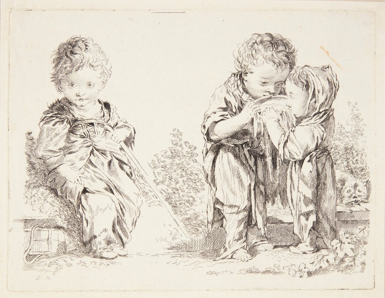 Bambino seduto su un cumulo di terra e I piccoli bevitori di latte da François Boucher