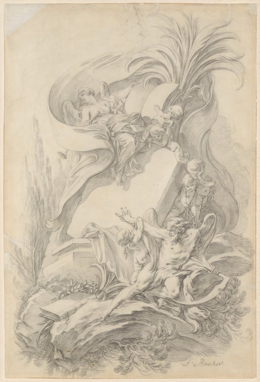 Progetto per un frontespizio: “L’amore ferma lo scorrere del tempo” da François Boucher