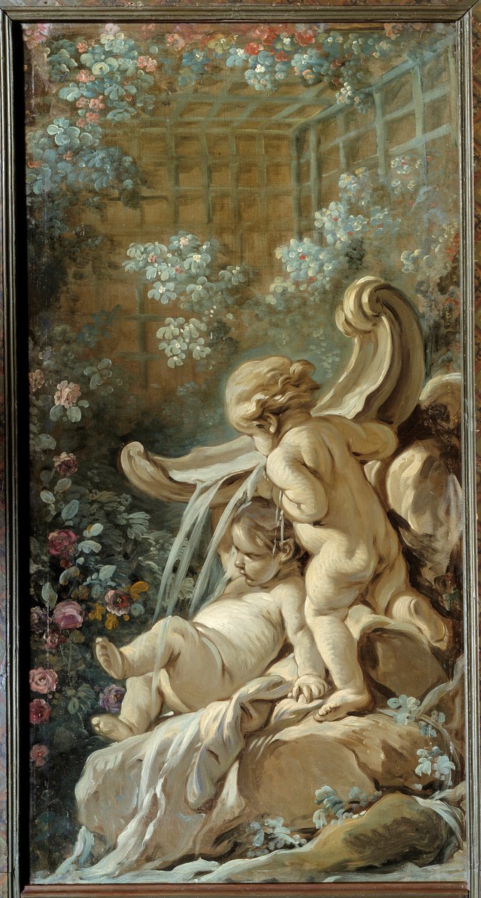 Pannello della porta del salotto Demarteau: fontana con due amori, uno dei quali è sdraiato da François Boucher