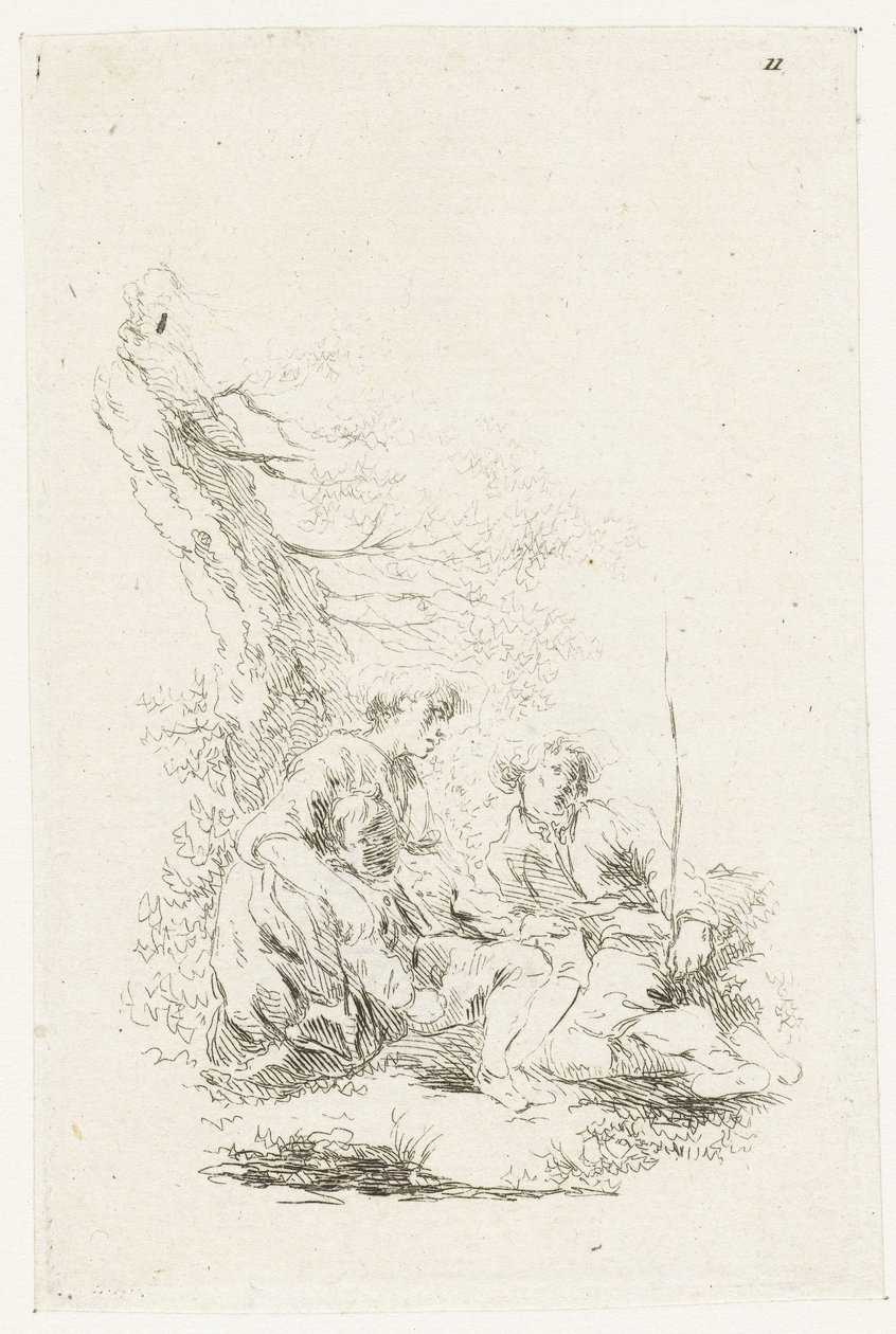 Tre persone sedute vicino a un albero da François Boucher