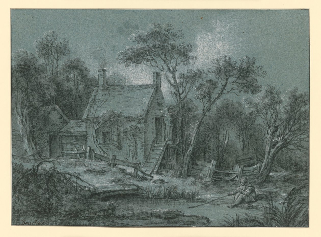 Casa con una scala tra gli alberi, davanti alla quale c’è un pescatore da François Boucher