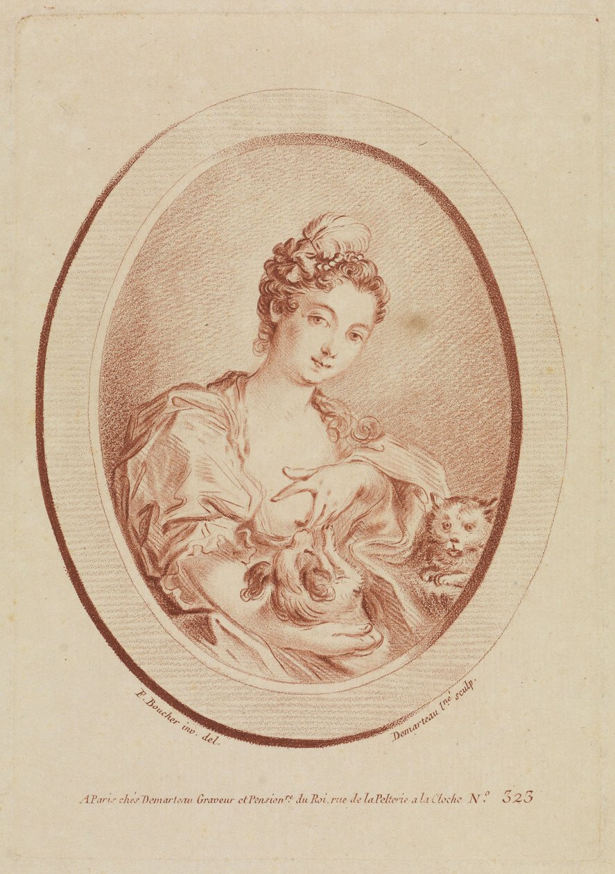 Giovane donna con un cagnolino e un gattino da François Boucher