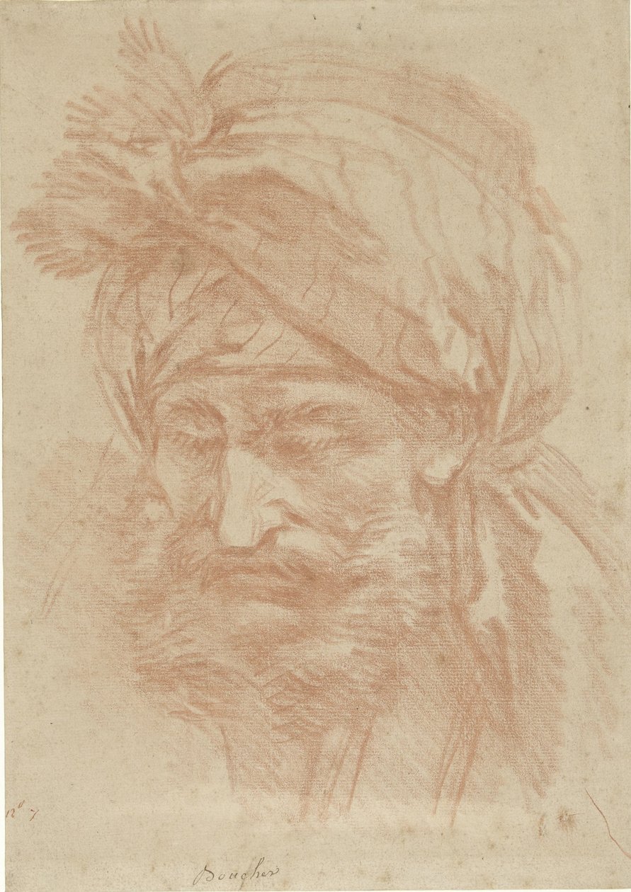 Testa di un orientale barbuto con turbante, vista frontale, con lo sguardo rivolto verso il basso da François Boucher