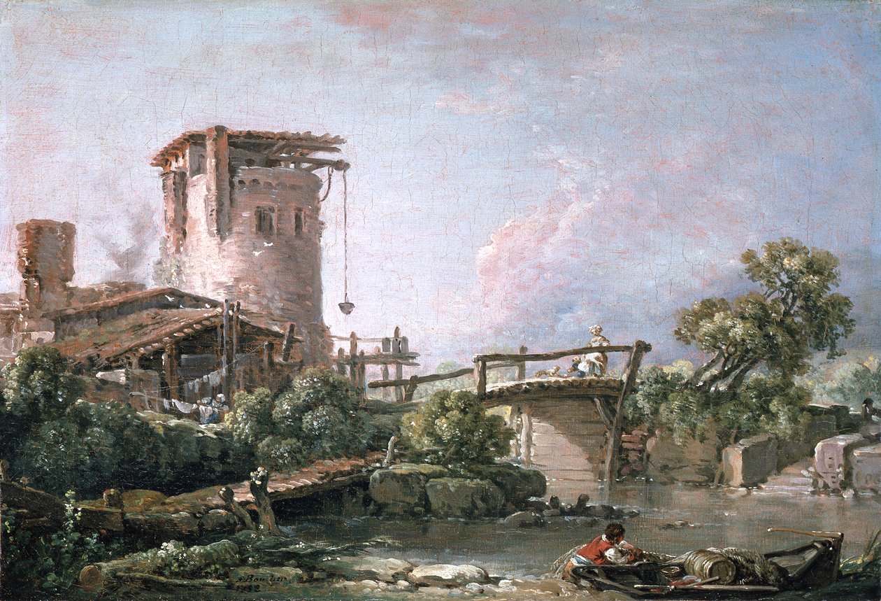 Paesaggio con torre e ponte da François Boucher