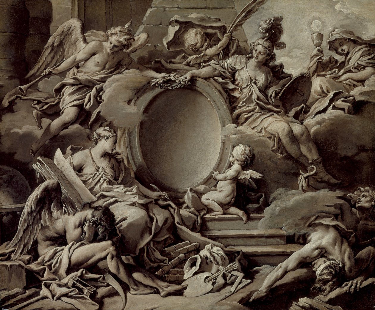 Progetto per un cartiglio: un’allegoria di Minerva, della Fama, della Storia e della Fede che vincono l’Ignoranza e il Tempo da François Boucher