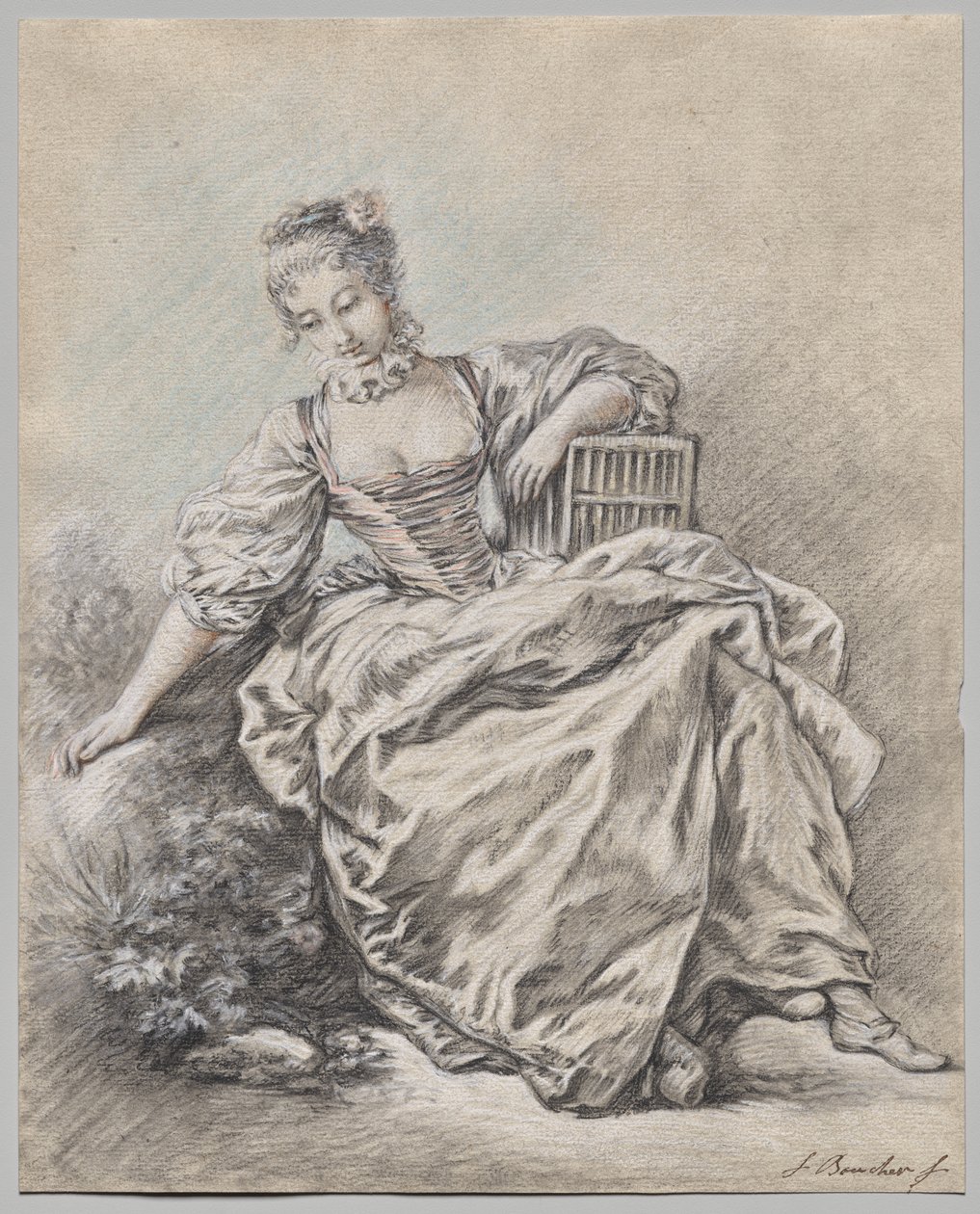 Donna seduta con in mano una gabbia per uccelli da François Boucher