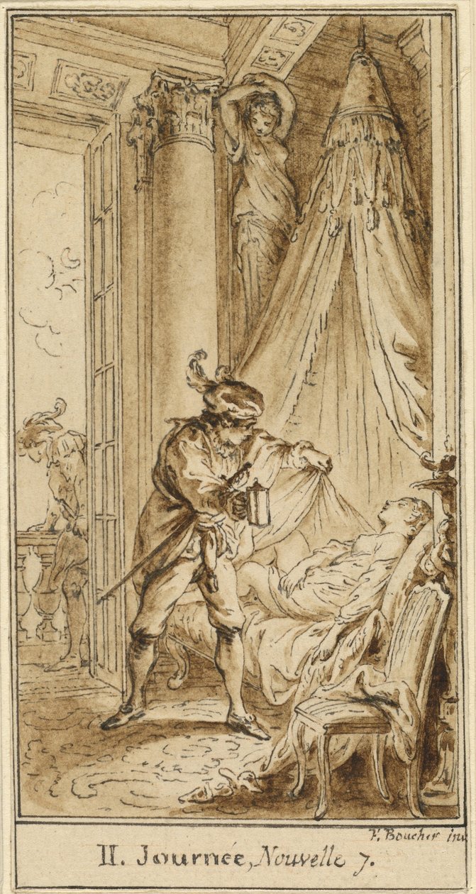 Secondo giorno, settima storia: Il duca di Atene contempla la principessa Alatiel addormentata da François Boucher