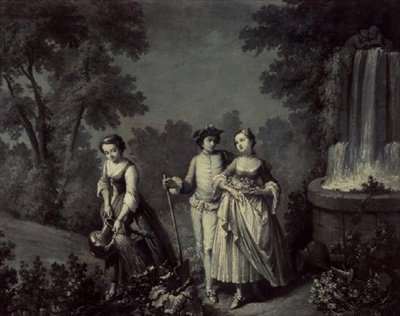 Due ragazze e un giovane che fanno giardinaggio vicino a una fontana (penna e lavaggio in bianco e nero) da François Boucher