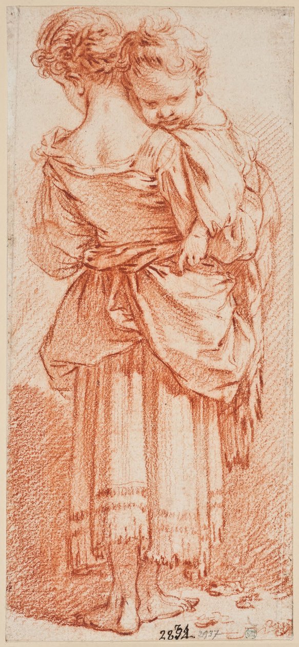 Giovane donna con un bambino in braccio, vista di spalle da François Boucher
