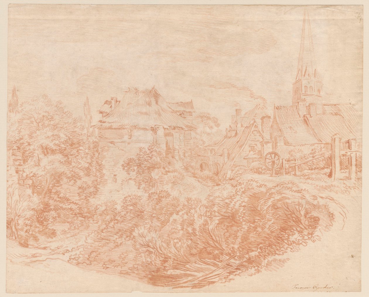 Vista degli edifici rurali e della torre della chiesa da François Boucher