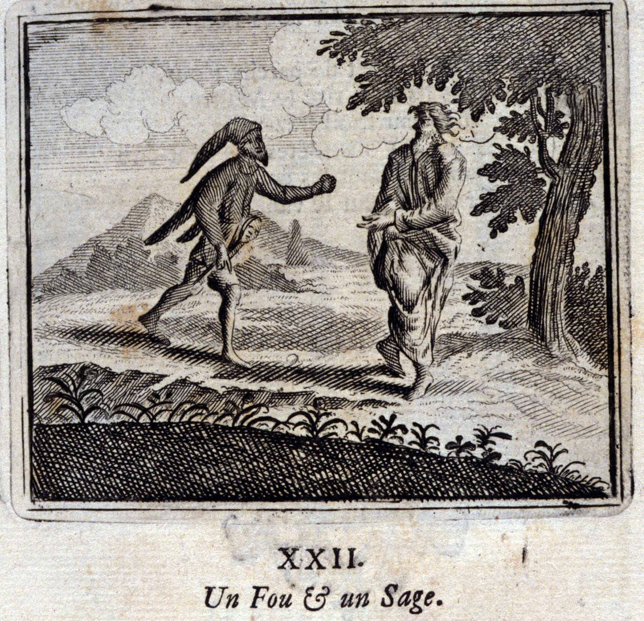 Un pazzo e un saggio. Favole di Jean de La Fontaine (1621-95). Illustrazione di François Chauveau (1613-1676). Edizione del 1728. da Francois Chauveau