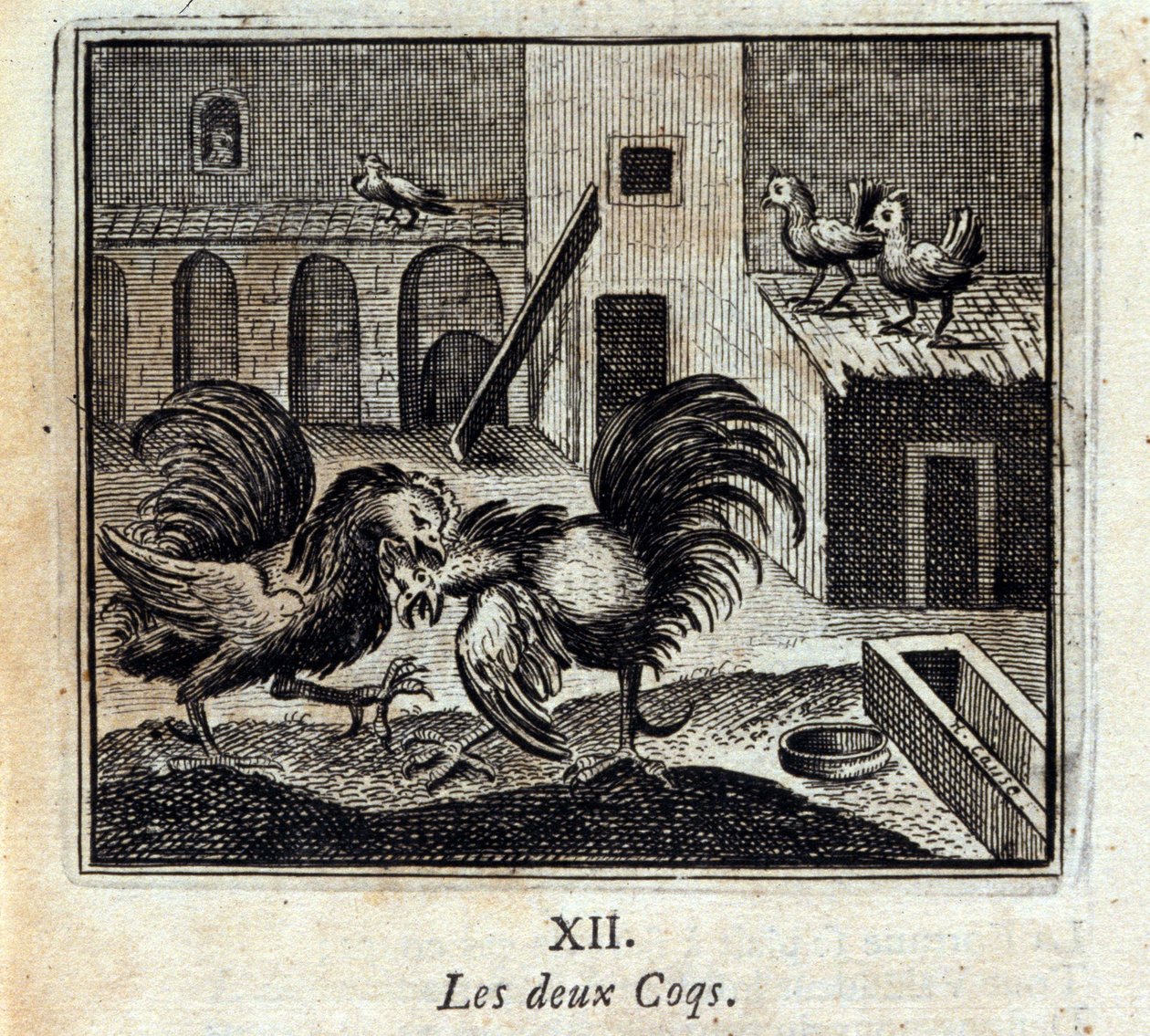 Entrambi i galli. Favole di Jean de La Fontaine. Illustrazione di François Chauveau. Edizione del 1728. da Francois Chauveau