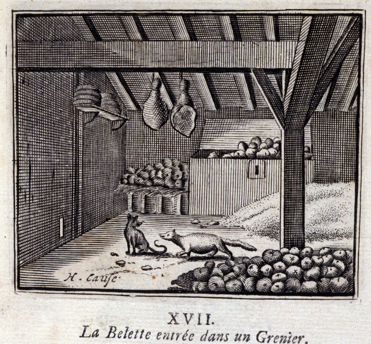 La donnola entrò in un granaio. Favole di Jean de La Fontaine. Illustrazione di François Chauveau. Edizione del 1728. da Francois Chauveau