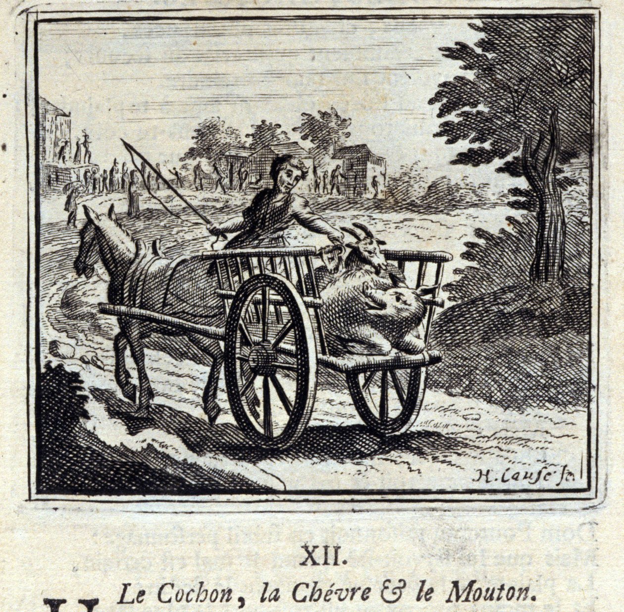 Il maiale, la capra e la pecora. Favole di Jean de La Fontaine. Illustrazione di François Chauveau. Edizione del 1728. da Francois Chauveau