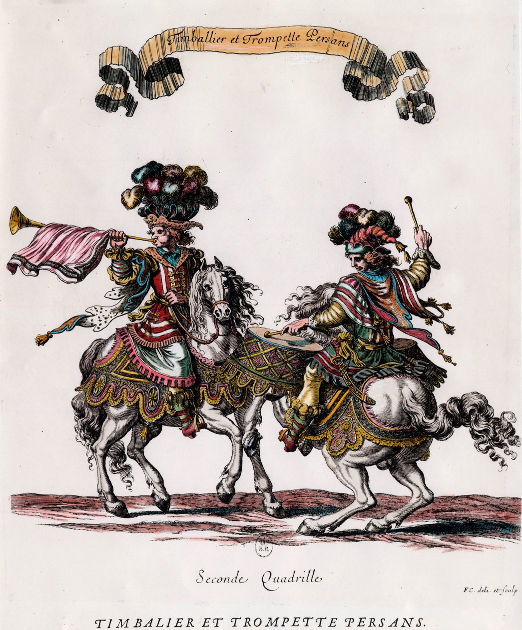 Timbalier e trombettiere persiani durante il carosello offerto dal re Luigi XIV (1639-1715). Incisione di François Chauveau (1613-1676) circa 1662. Collezione privata da Francois Chauveau