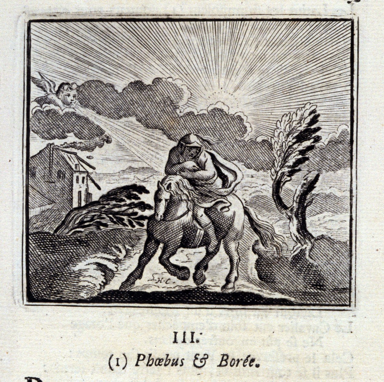 Febo e Borea. Favole di Jean de La Fontaine (1621-95). Illustrazione di François Chauveau (1613-1676). Edizione del 1728 da Francois Chauveau