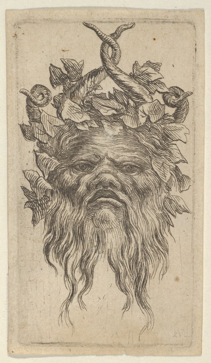 Maschera di satiro con corna uncinate e una corona di edera, da Divers Masques, ca. 1635-45 da Francois Chauveau