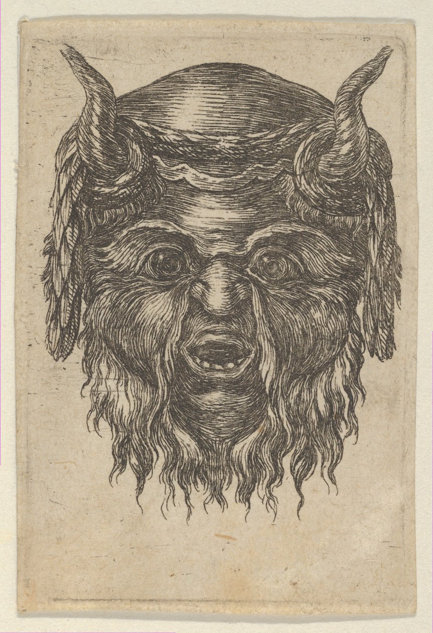 Maschera di satiro con una corona di alloro drappeggiata sulle corna, da Divers Masques, ca. 1635-45 da Francois Chauveau