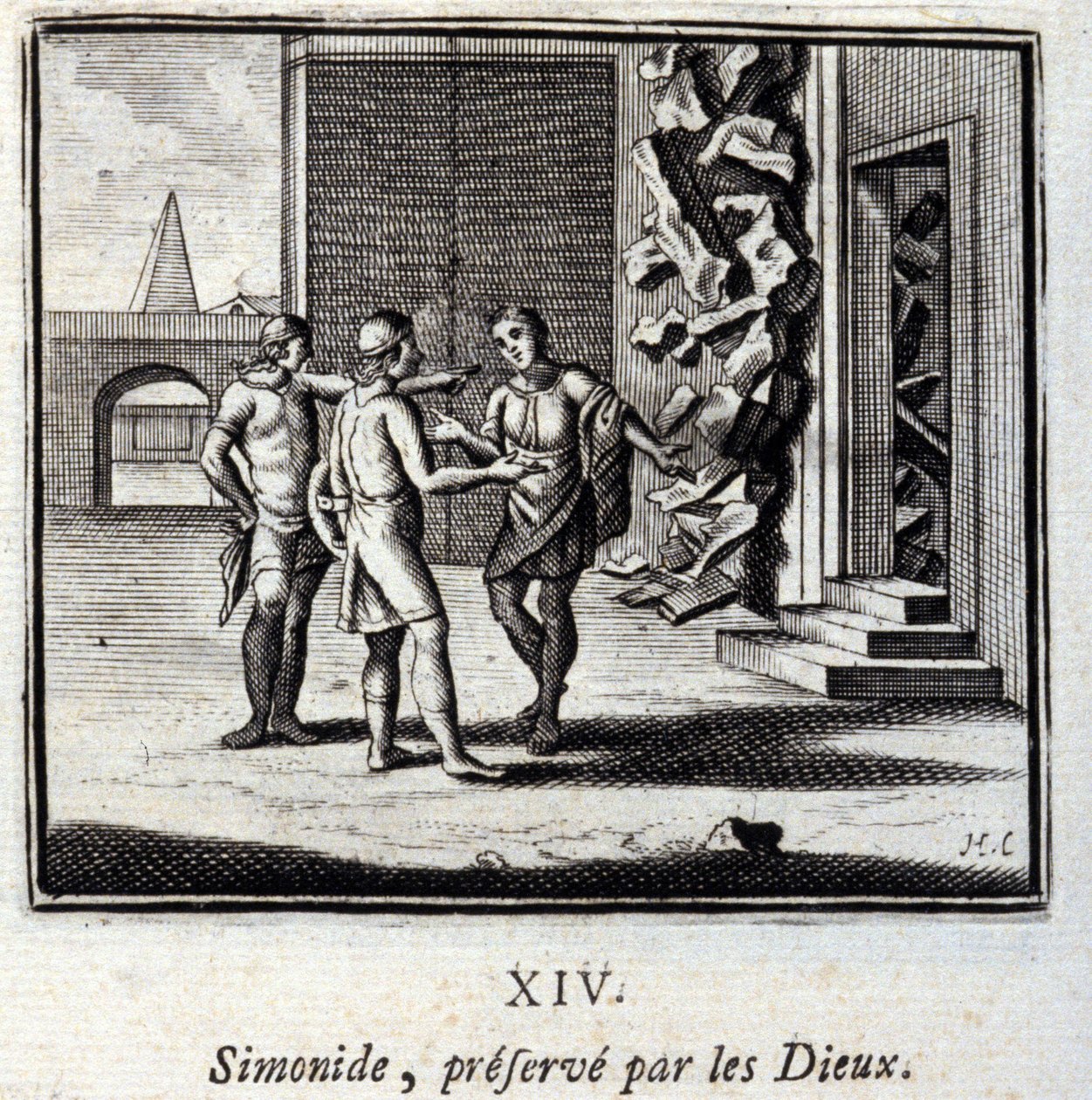 Simonide salvato dagli Dei. Favole di Jean de La Fontaine (1621-95). Illustrazione di François Chauveau (1613-1676). Edizione del 1728 da Francois Chauveau
