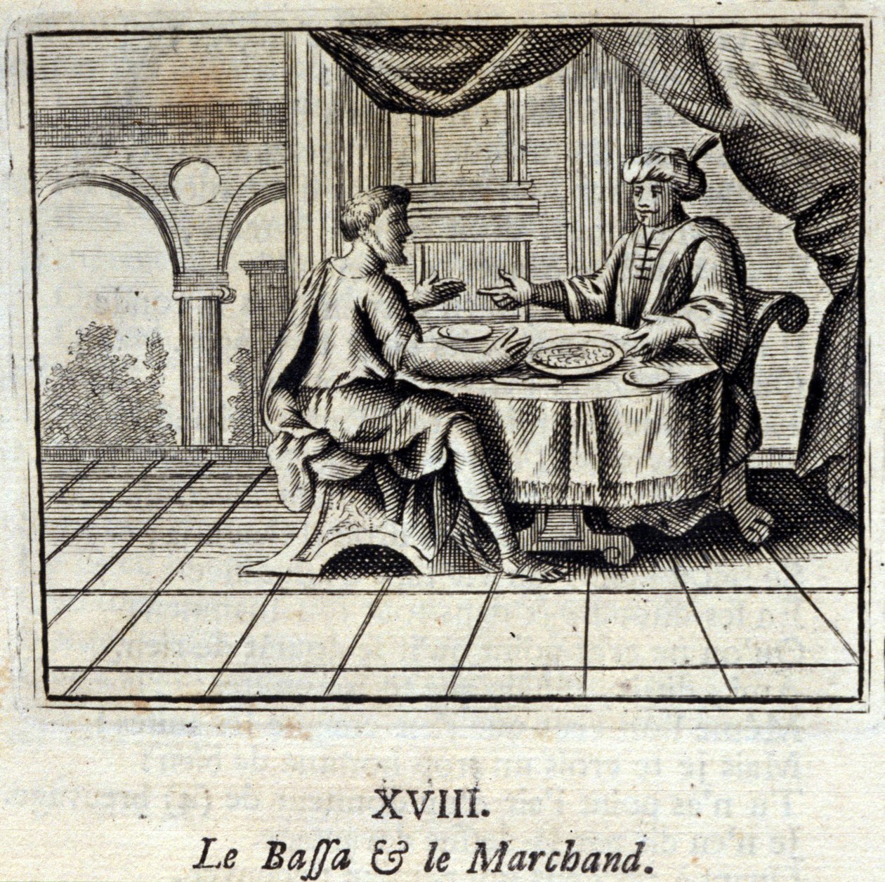 Il Bassa e il mercante. Favole di Jean de La Fontaine (1621-95). Illustrazione di François Chauveau (1613-1676). Edizione del 1728. da Francois Chauveau