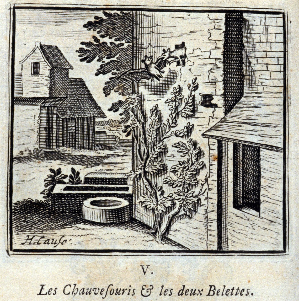 Il pipistrello e le due donnole. Favole di Jean de La Fontaine. Illustrazione di François Chauveau. Edizione del 1728 da Francois Chauveau