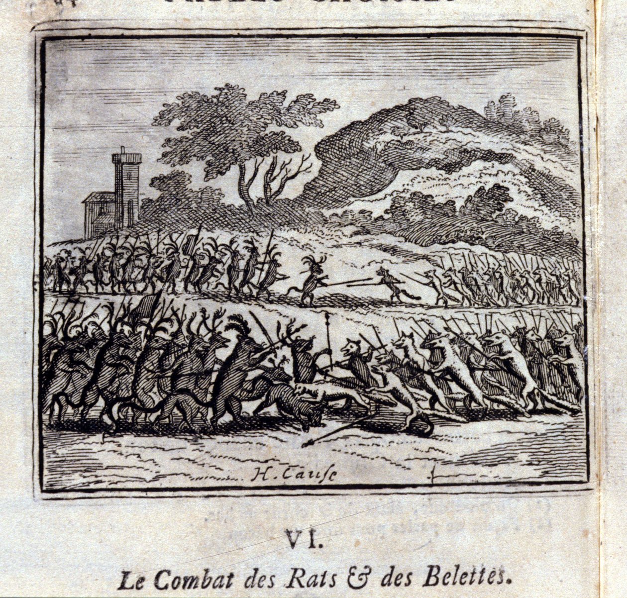 La Battaglia dei Ratti e delle Donnole. Favole di Jean de La Fontaine (1621-95). Illustrazione di François Chauveau (1613-1676). Edizione del 1728 da Francois Chauveau