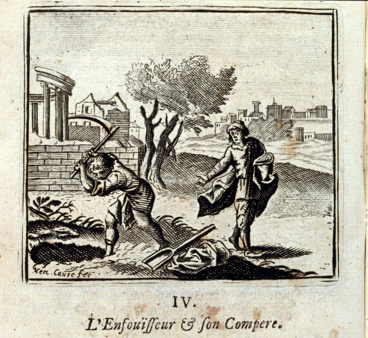 Il bruciatore e il suo compare. Favole di Jean de La Fontaine (1621-95). Illustrazione di François Chauveau (1613-1676). Edizione del 1728 da Francois Chauveau