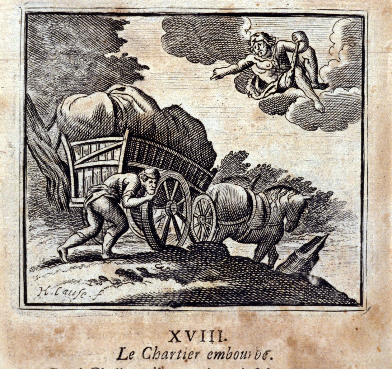 Il carrettiere è infastidito. Favole di Jean de La Fontaine. Illustrazione di François Chauveau. Edizione del 1728. da Francois Chauveau