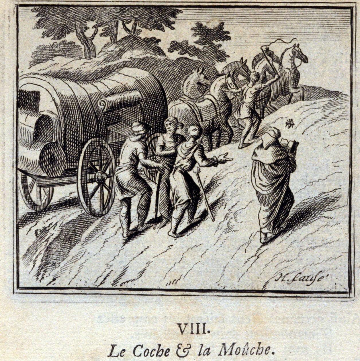 Il carro e la mosca. Favole di Jean de La Fontaine (1621-95). Illustrazione di François Chauveau (1613-1676). Edizione del 1728. da Francois Chauveau