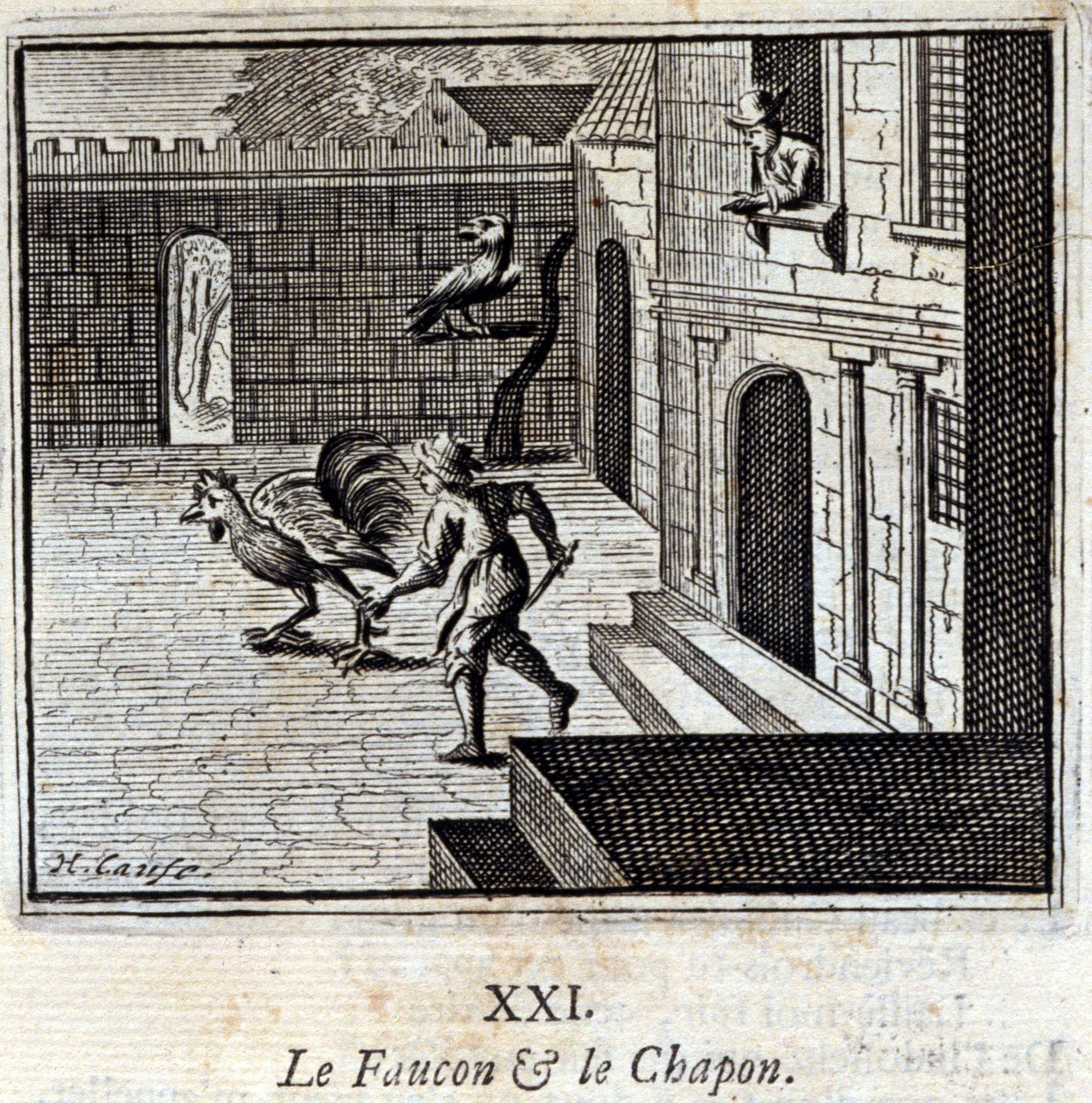 Il Falco e il Cappone. Favole di Jean de La Fontaine (1621-95). Illustrazione di François Chauveau (1613-1676). Edizione del 1728 da Francois Chauveau