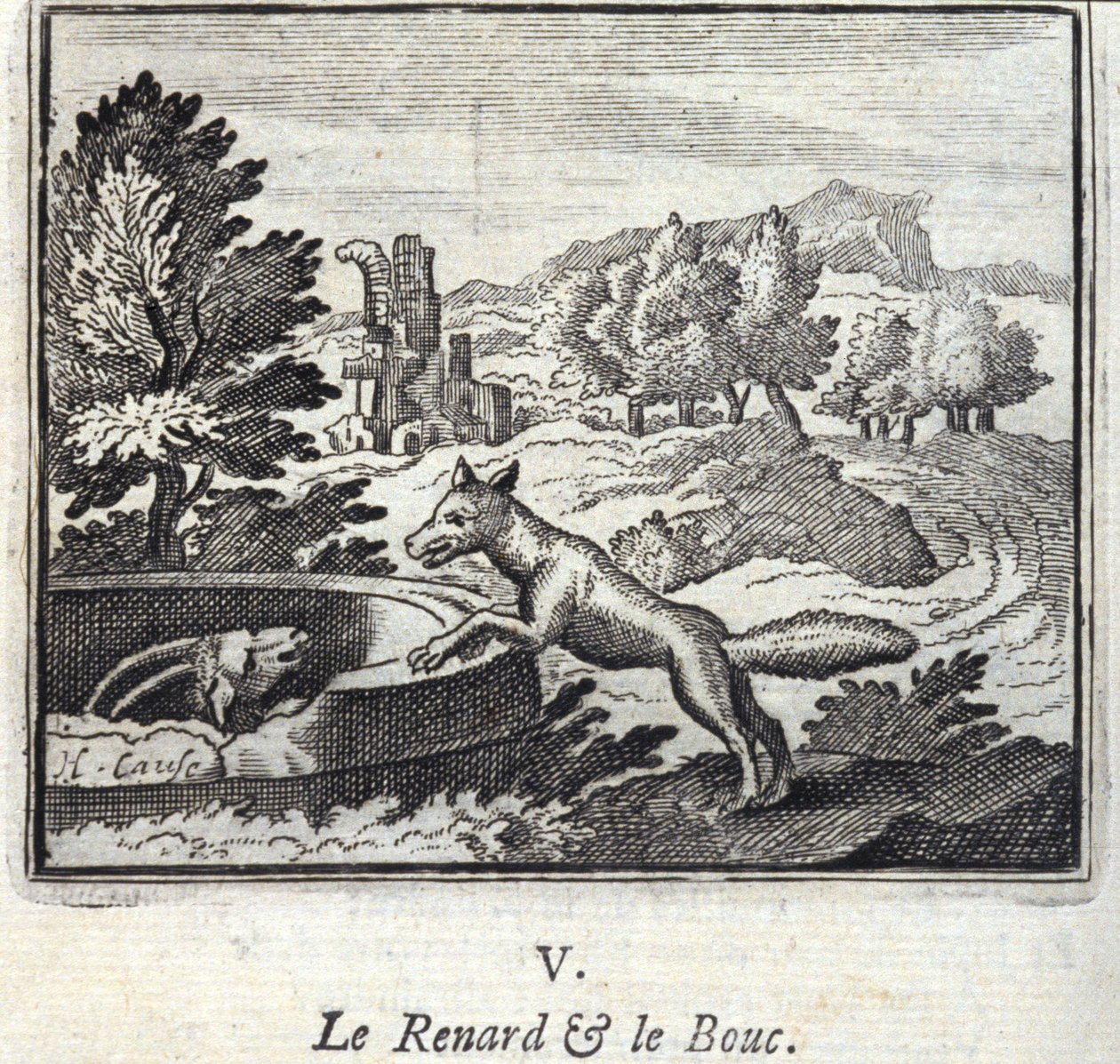 La volpe e il caprone. Favole di Jean de La Fontaine. Illustrazione di François Chauveau. Edizione del 1728 da Francois Chauveau