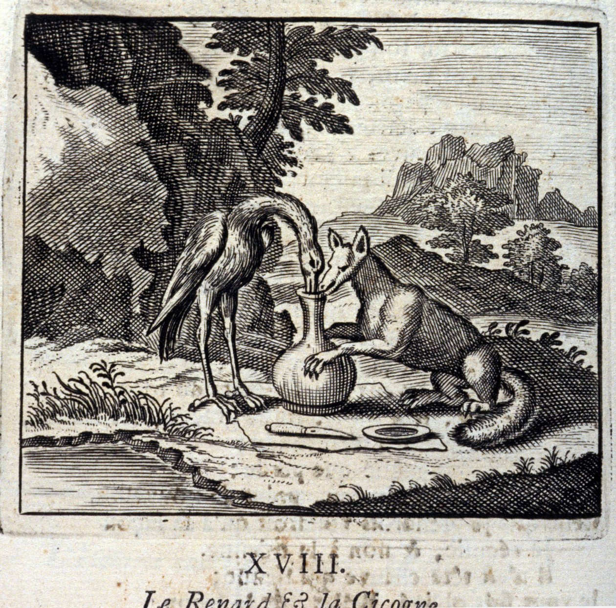 La volpe e la cicogna. Favole di Jean de La Fontaine (1621-95). Illustrazione di François Chauveau (1613-1676). Edizione del 1728 da Francois Chauveau
