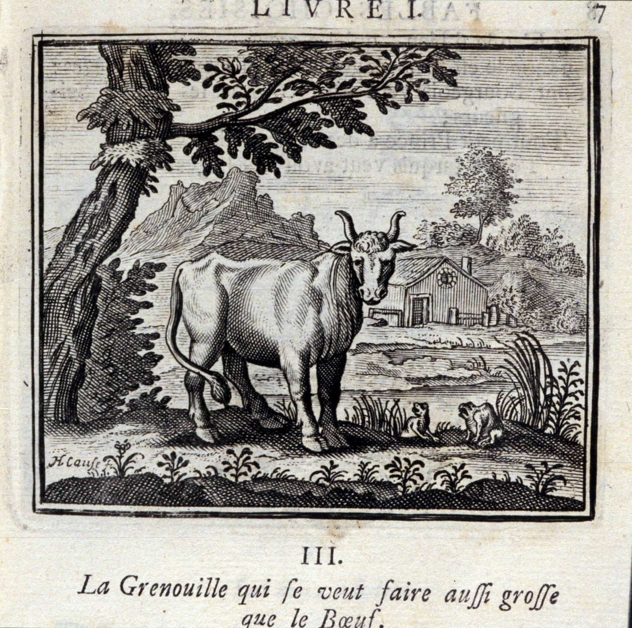 La Rana che vuole diventare grande come il Bue. Favole di Jean de La Fontaine (1621-95). Illustrazione di François Chauveau (1613-1676). Edizione del 1728 da Francois Chauveau