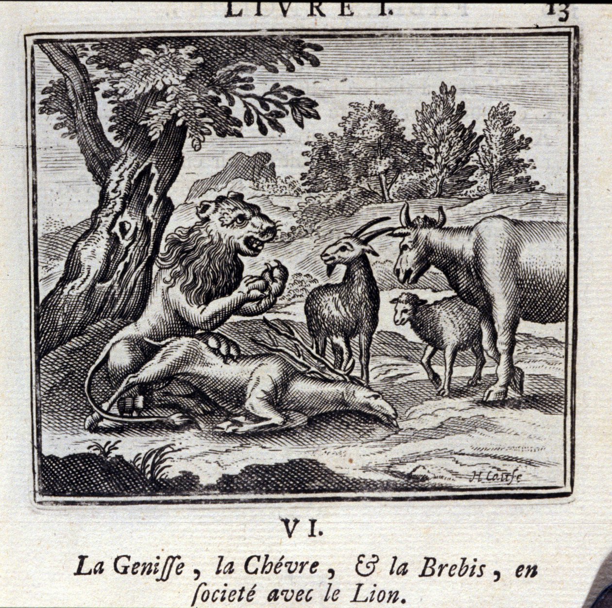 La Giovenna, il Bue e la Pecora in società con il Leone. Favole di Jean de La Fontaine (1621-95). Illustrazione di François Chauveau (1613-1676). Edizione del 1728 da Francois Chauveau