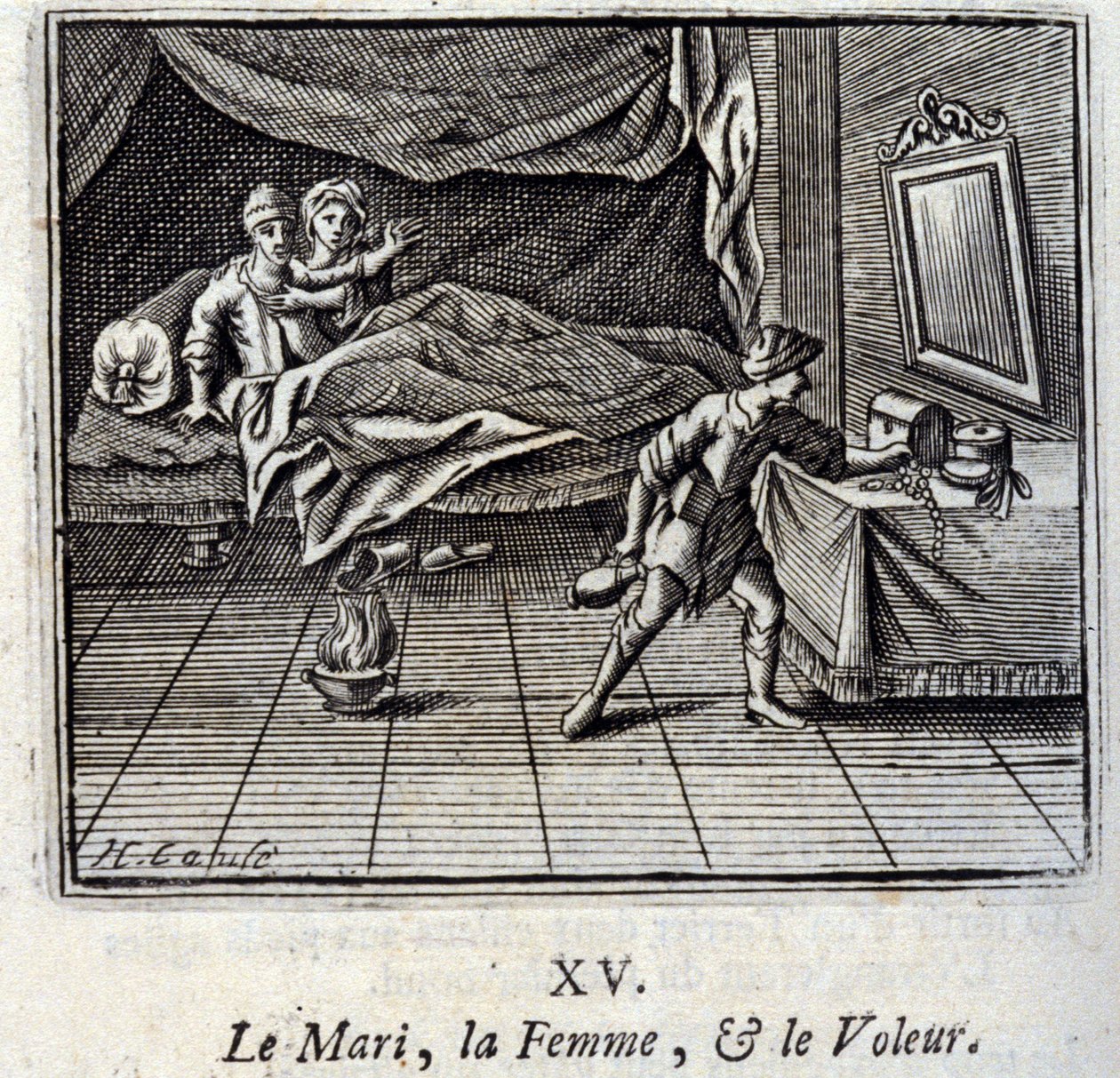 Il marito, la moglie e il ladro. Favole di Jean de La Fontaine. Illustrazione di François Chauveau. Edizione del 1728 da Francois Chauveau