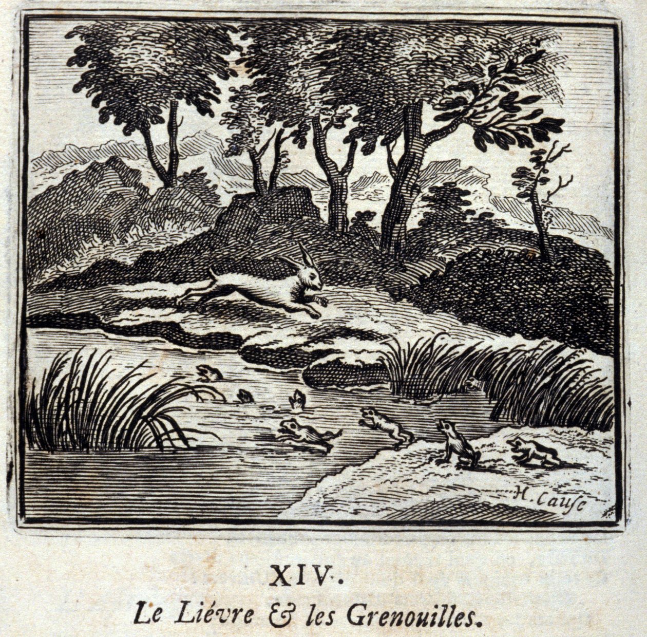 La lepre e le rane. Favole di Jean de La Fontaine (1621-95). Illustrazione di François Chauveau (1613-1676). Edizione del 1728 da Francois Chauveau