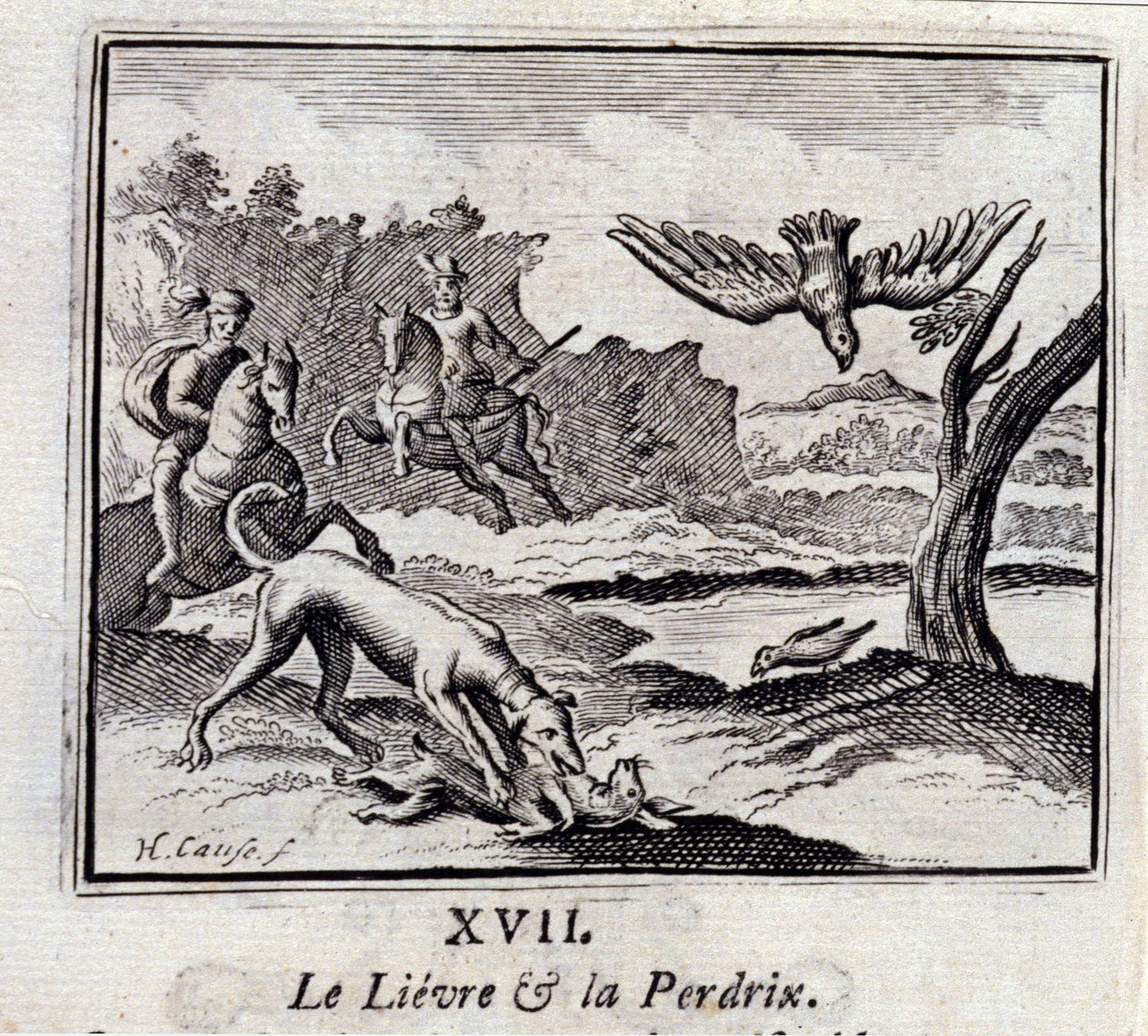 La lepre e la pernice. Favole di Jean de La Fontaine (1621-95). Illustrazione di François Chauveau (1613-1676). Edizione del 1728 da Francois Chauveau