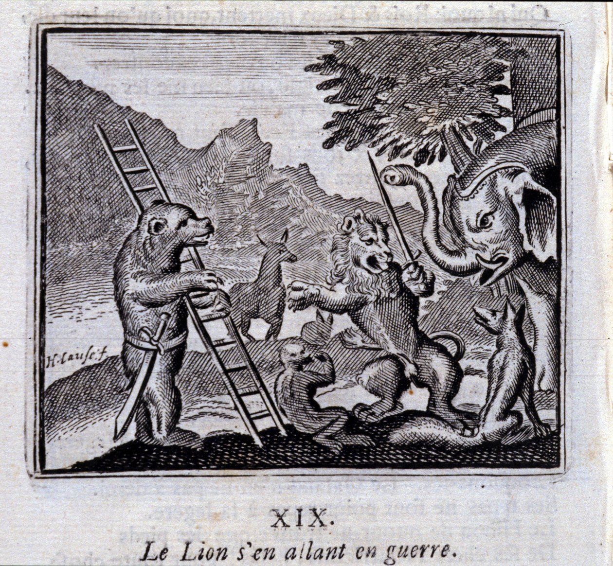 Il leone che va in guerra. Favole di Jean de La Fontaine (1621-95). Illustrazione di François Chauveau (1613-1676). Edizione del 1728 da Francois Chauveau