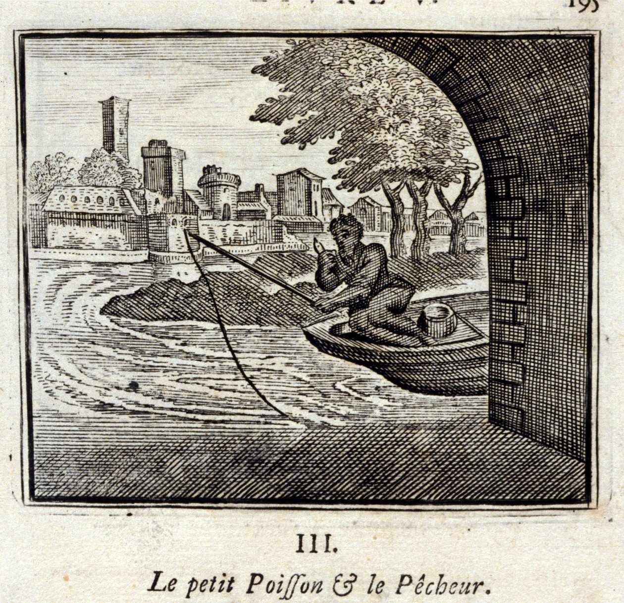 Il pesciolino e il pescatore. Favole di Jean de La Fontaine (1621-95). Illustrazione di François Chauveau (1613-1676). Edizione del 1728. da Francois Chauveau
