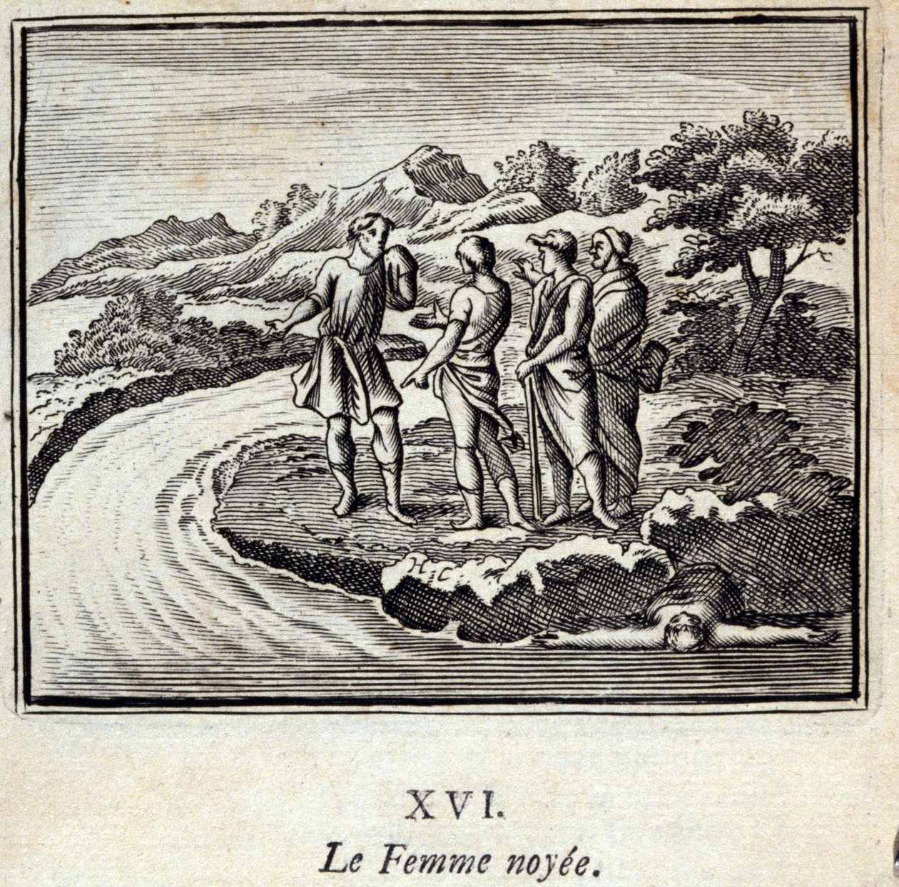 La Donna Annegata. Favole di Jean de La Fontaine (1621-95). Illustrazione di François Chauveau (1613-1676). Edizione del 1728 da Francois Chauveau