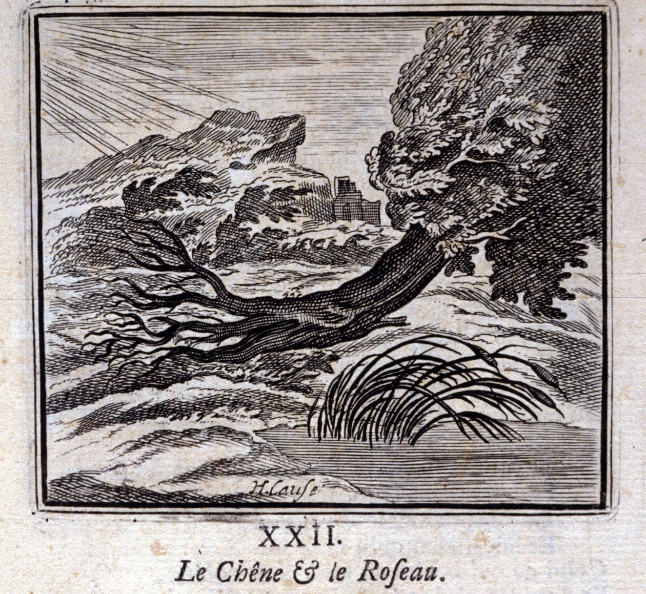 La quercia e la canna. Favole di Jean de La Fontaine. Illustrazione di François Chauveau. Edizione del 1728 da Francois Chauveau