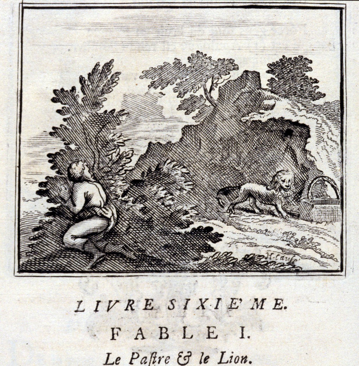 La pantera e il leone. Favole di Jean de La Fontaine. Illustrazione di François Chauveau. Edizione del 1728 da Francois Chauveau